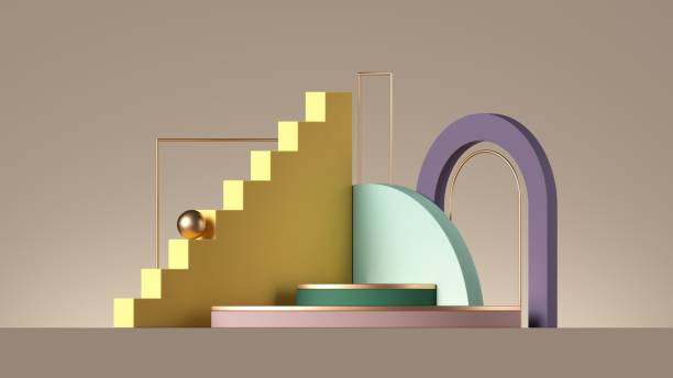 istock 3d render, abstract beige background with colorful geometric elements. Minimal showcase scene with empty podium for product presentation 1300826570
