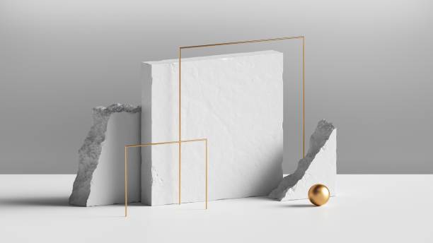 istock 3d render, abstract background with white concrete blocks and golden square frames. Modern minimal installation, showcase scene for product presentation 1300826603