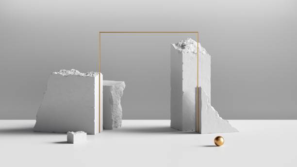istock 3d render, abstract white background with white cobblestone blocks, golden square frame and small ball. Modern minimal showcase for product display 1300826611