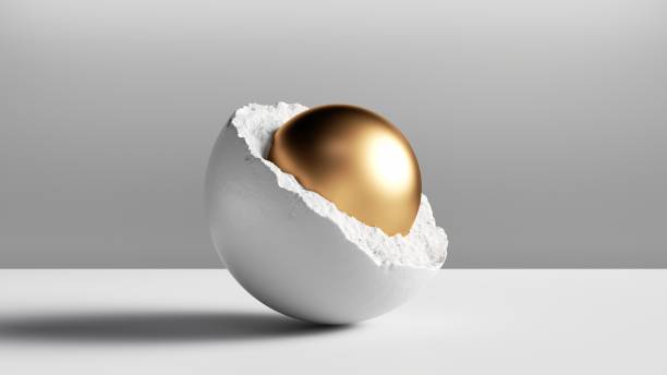 istock 3d render, abstract modern minimal background with golden ball inside the broken white stone hemisphere 1300826616