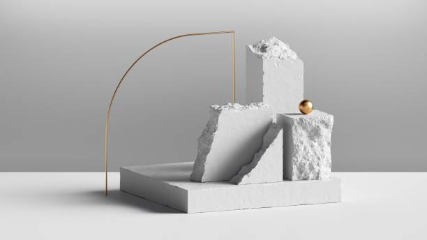 istock 3d render, abstract background with white cobblestone blocks and golden arch. Modern minimal installation, showcase scene for product presentation 1300826631