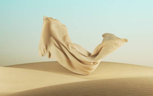 istock 3d render, abstract modern minimal fashion background with sand dunes and falling drapery, desert landscape with flying fabric 1300826642