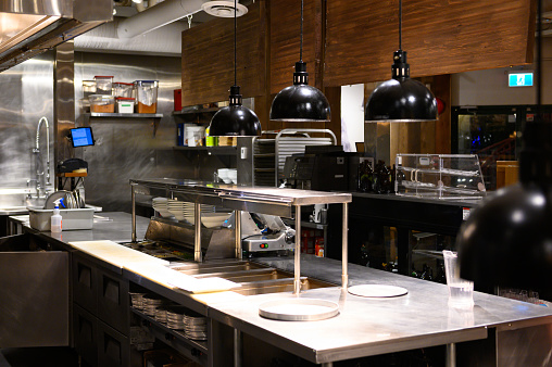 Commercial kitchen in a restaurant. Hospitality business. Restaurant equipment and commercial real estate.