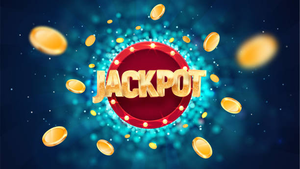 Jackpot golden text on retro red board vector banner. Winning vector illustration. Win congratulations illustration for casino or online games. Explosion coins  on dark blue background Jackpot golden text on retro red board vector banner. Winning vector illustration. Win congratulations illustration for casino or online games. Explosion coins  on dark blue background. jackpot text stock illustrations