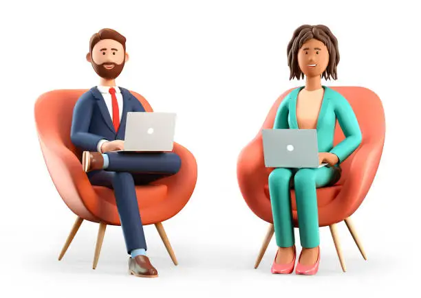 3D illustration of smiling bearded man and african american woman using laptops and sitting in chairs. Cute cartoon businessman and businesswoman working in office, isolated on white background.