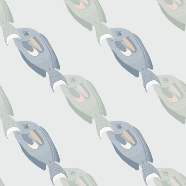 illustrazioni stock, clip art, cartoni animati e icone di tendenza di zoo subacqueo modello senza cuciture con elementi di pesce chirurgo pallido blu e grigio. natura selvaggia sfondo marino. - doodle fish sea sketch