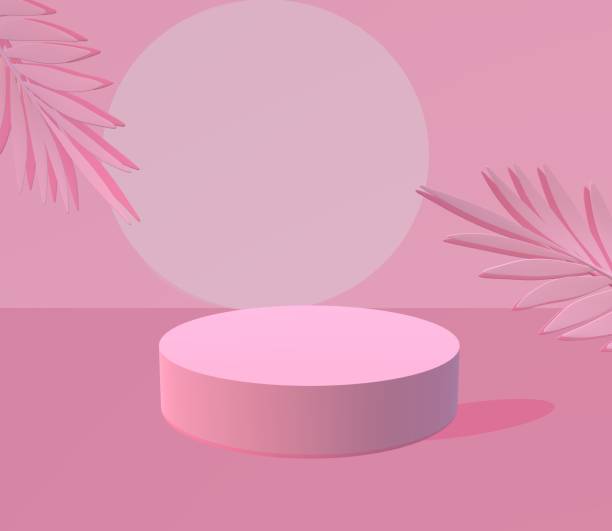 istock Product display podium decorated with tropical palm leaves on pink background, 1300830876