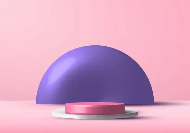 Vector illustration of 3D realistic pink and white rendering podium studio stage for display showcase with purple circle background.