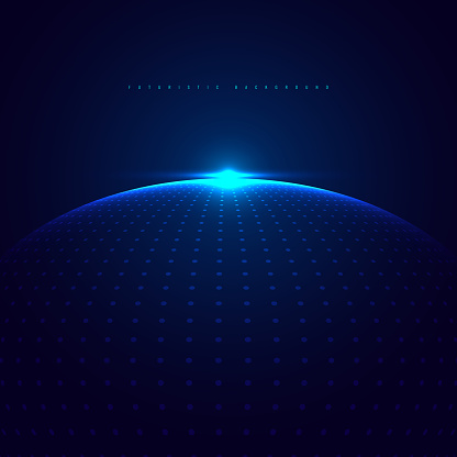 Abstract 3D blue glowing dots particles sphere with lighting on dark blue background technology futuristic concept. Vector illustration