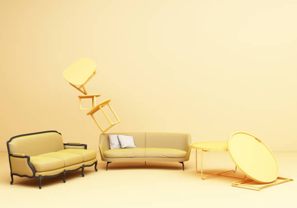 istock Yellow Furniture classic sofa armchair table fun composition on yellow background 3d rendering 1300832037