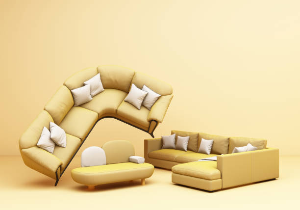 istock Yellow Furniture classic sofa armchair table fun composition on yellow background 3d rendering 1300832040