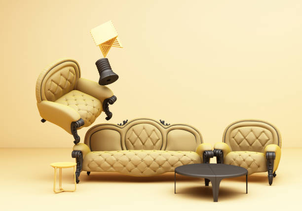istock Yellow Furniture classic sofa armchair table fun composition on yellow background 3d rendering 1300832059