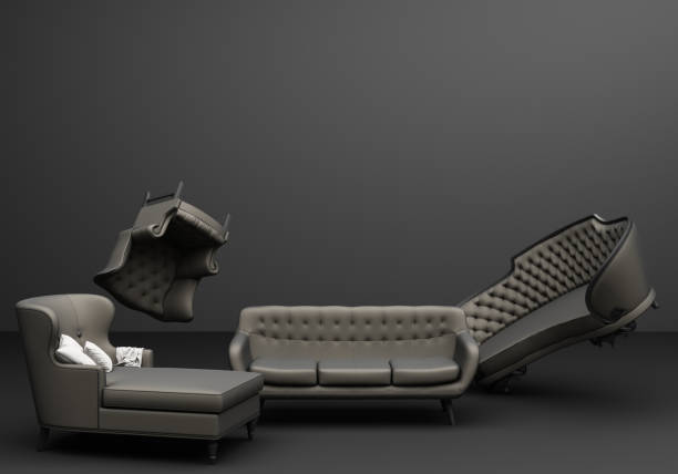 istock Gray Furniture classic sofa armchair fun composition on black  background 3d rendering 1300832078