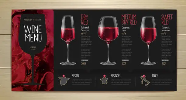 Vector illustration of Wine menu design with alcohol ink texture. Marble texture background. Set of wine glasses