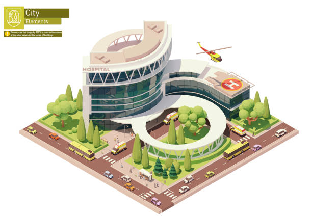Vector isometric hospital building Vector isometric hospital or clinic building with emergency entrance, ambulance helicopter and ambulance vehicle helicopter modern stock illustrations