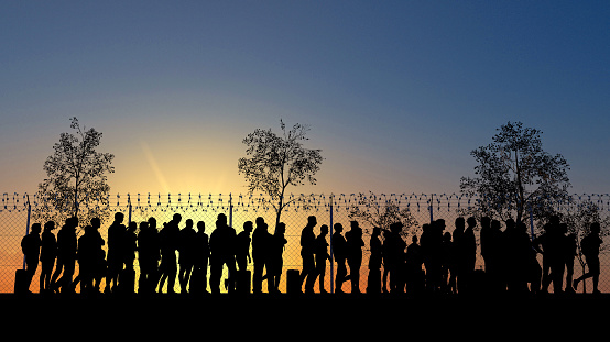 Refugees and immigrants looking for a new life. Column of migrants near the state borders. Fence and barbed wire. Surveillance, supervised. Abandon their lands for a better future. 3d render. Silhouette