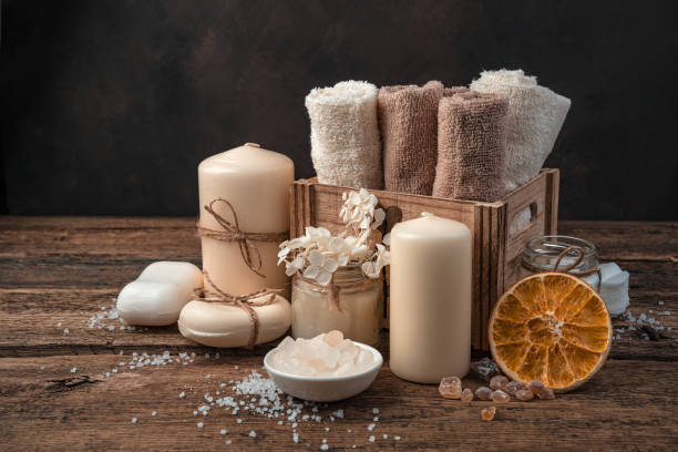 istock Spa composition with body care items on a brown background 1300835570