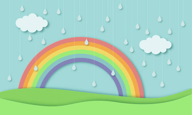 illustrations, cliparts, dessins animés et icônes de nuage et arc-en-ciel dans le ciel bleu modèle d’art papier concept de saison des pluies, illustration d’élément de conception de vecteur - handmade umbrella
