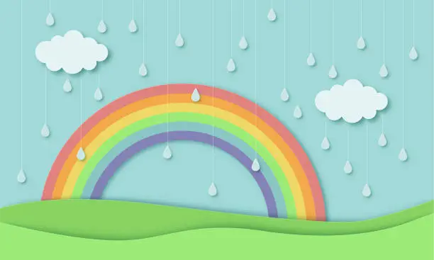 Vector illustration of Cloud and Rainbow in blue sky Paper art style Rainy season concept ,vector design element illustration