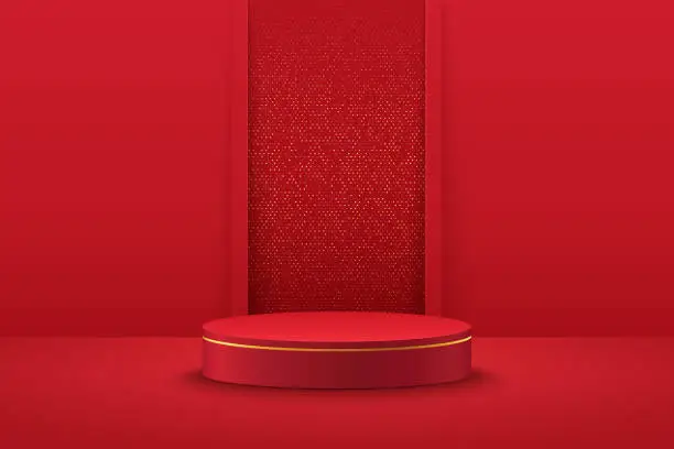 Vector illustration of Abstract round display for product on website in modern. Background rendering with podium and minimal red curtain texture wall scene, 3d rendering geometric shape red and gold color. Oriental concept.
