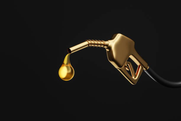 Golden gasoline injector fueling oil or pure fuel on black background. 3D rendering. Golden gasoline injector fueling oil or pure fuel on black background. 3D rendering. change dispenser stock pictures, royalty-free photos & images