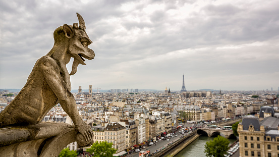 Gargoyle sitting on Notre Dame Cathedral and looking on Paris cityscape and the Eiffel tower.

The focus is on the Gargoyle