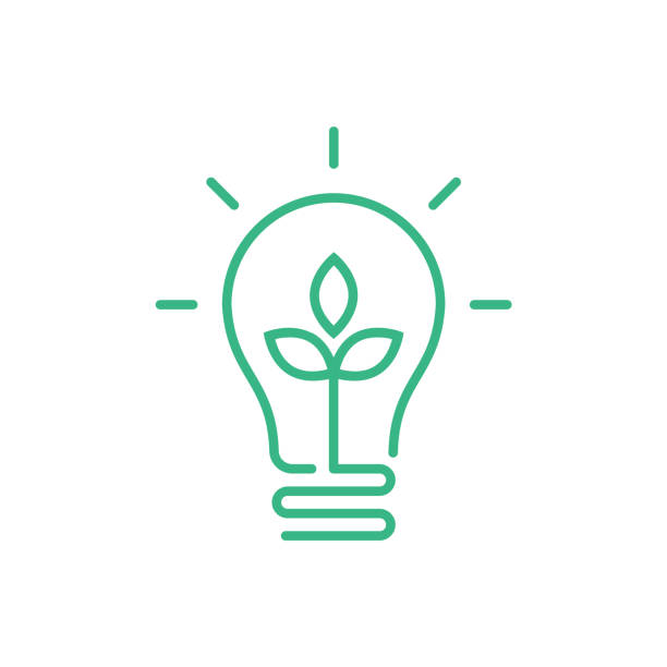 Green lightbulb with leaf inside. Clean energy concept. Sustainable renewable resources. Environmental friendly electricity. Energy saving. Ecological. Solar power. Vector illustration, flat, clip art eco light bulb stock illustrations