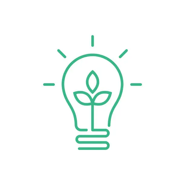 Vector illustration of Green lightbulb with leaf inside. Clean energy concept.