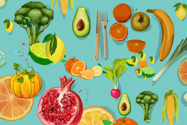 illustrations, cliparts, dessins animés et icônes de une vie saine. composition des fruits et légumes - multi colored background