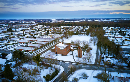 Suburban district with new modern church. Aerial drone shots.