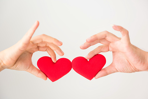 Couple hands holding and bumping red fake heart isolated on white background with copy space for text. Valentine day celebration. Love and together concept.