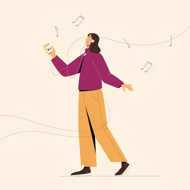 Vector illustration of Girl walking and listening music via smartphone in earplugs. Vector illustration.