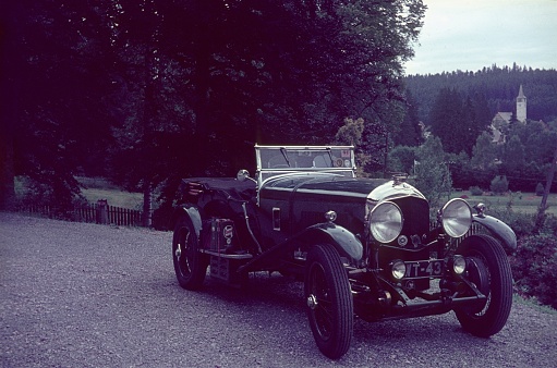 Black Forest, Baden Wuerttemberg, Germany, 1968. Old Bugatti on a gravel path.
