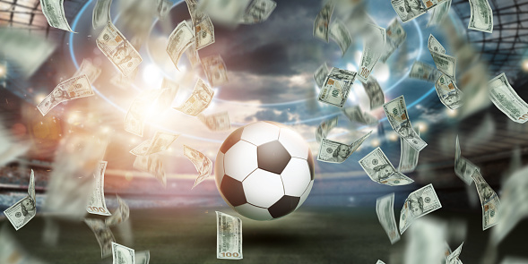 Online sports betting. Soccer ball with falling dollars on the background of the stadium. Creative background, gambling