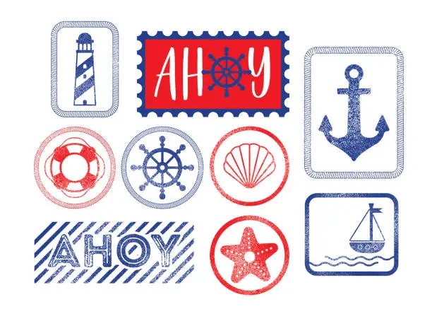 Vector illustration of Nautical Symbols and Icons Sailor Marine Rubber Stamps