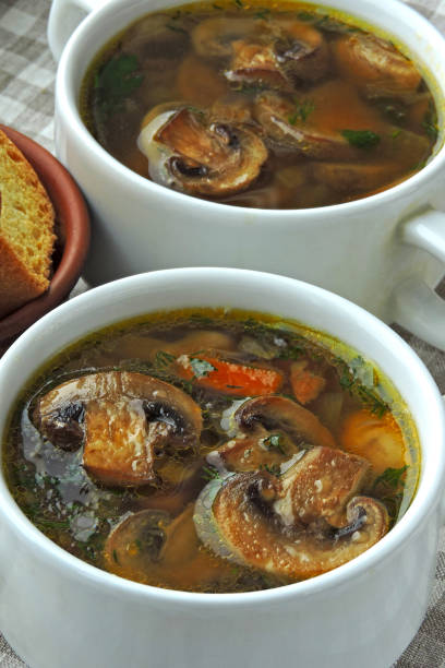 istock Fresh mushroom soup with crackers. 1300844453