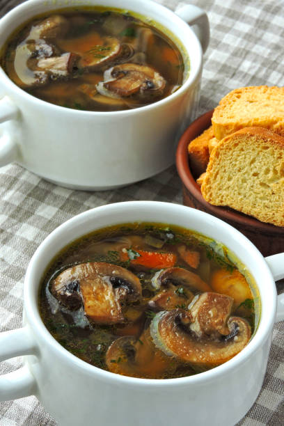 istock Fresh mushroom soup with crackers. 1300844477