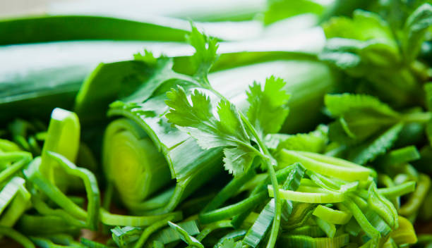 alimentos verdes saludables - medicina alternativa implican dieta equilibrada con vitaminas, nutrición y superalimentos para el bienestar humano. - healthy eating food and drink raw leek fotografías e imágenes de stock