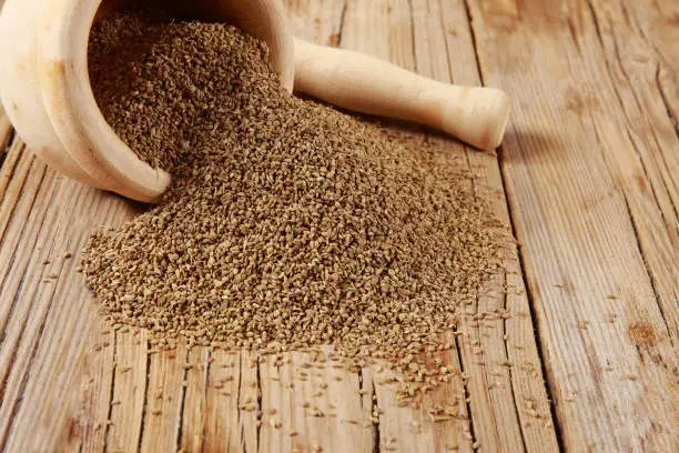 Ajwain or Carrom Seeds (Latin - Trachyspermum Ammi and Copticum) is a species of medicinal plant belonging to the apiaceae family. The raw dried fruit smells almost like Thyme, but is more aromatic and less subtle in taste. It is used as a carminative, stimulant, stomachic, aromatic, tonic, antispasmodic, anthelmintic, antiseptic, and used as a condiment