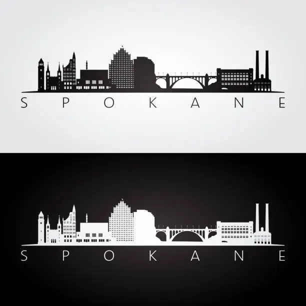 Vector illustration of Spokane, Washington -  USA skyline and landmarks silhouette, black and white design, vector illustration.