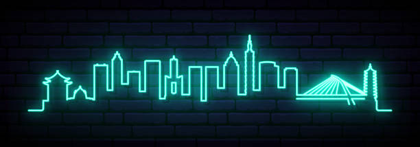 blaue neon skyline von taipeh. helle taipeh stadt lange banner. vektor-illustration. - backgrounds cityscape taipei taiwan stock-grafiken, -clipart, -cartoons und -symbole