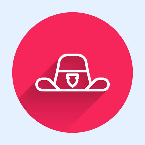 긴 그림자로 분리 된 배지 아이콘이있는 흰색 라인 보안관 모자. 빨간색 원 버튼입니다. 벡터 - cowboy hat hat wild west isolated stock illustrations
