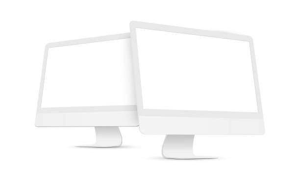 zwei ton-desktop-pcs mit perspektivischen seitenansichten isoliert auf weißem hintergrund - pc stock-grafiken, -clipart, -cartoons und -symbole