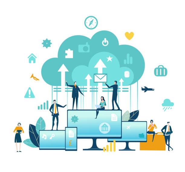 Cloud Computing with Business people and communication icons. Information search, connection, working remote, keeping data safe idea Cloud Computing with Business people and communication icons. Information search, connection, working remote, keeping data safe idea digital transformation stock illustrations