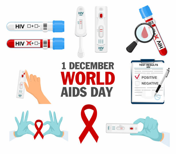 ilustrações de stock, clip art, desenhos animados e ícones de a set of icons on the topic of aids and hiv. hands show heart with ribbon, symbol of aids, hiv. world aids day 1 december, red ribbon. blood test. - aids awareness ribbon