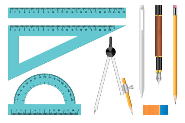 ilustrações, clipart, desenhos animados e ícones de materiais de escola e escritório realistas. caneta, caneta, lápis, régua e borracha. - drawing compass drawing circle technology