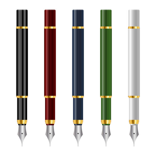 illustrations, cliparts, dessins animés et icônes de stylos de fontaine de cru dans l’illustration réaliste de vecteur de modèle - pen writing instrument pencil gold