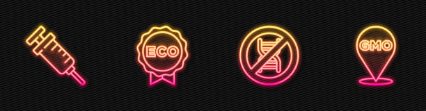 istock Set line Stop GMO, Syringe, Label for eco healthy food and . Glowing neon icon. Vector 1300854615