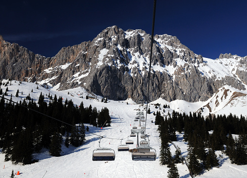 Ski Area Ehrwalder Alm With View To Mount Zugpitze Austria During A Chairlift Ride On A Beautiful Sunny Winter Day With  a Clear Blue Sky