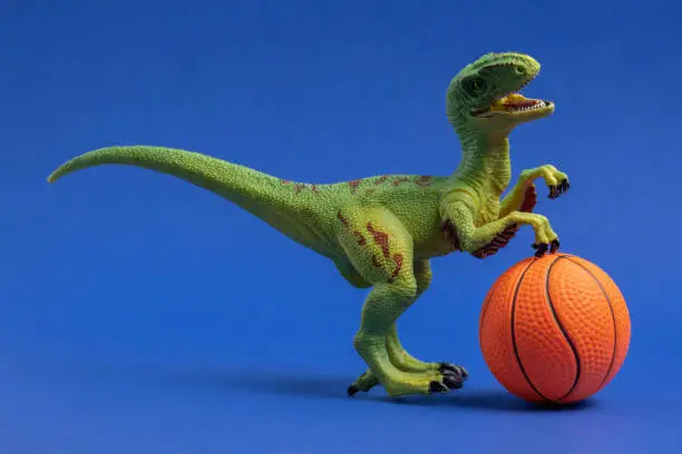Photo of Green dinosaur toy with basketball ball